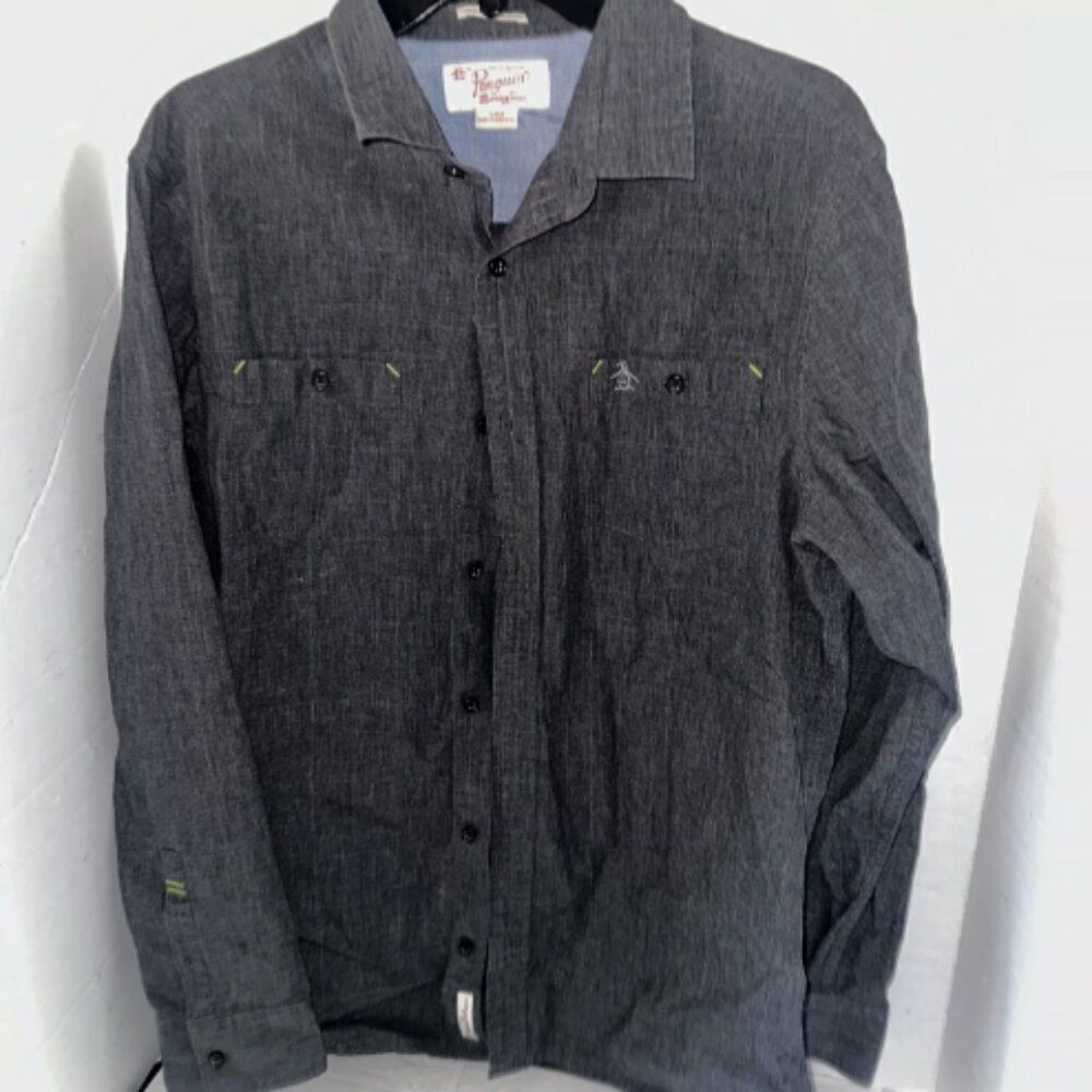 Penguin Shirt Mens Size Large Gray Casual Button Up Long Sleeve Slim Fit